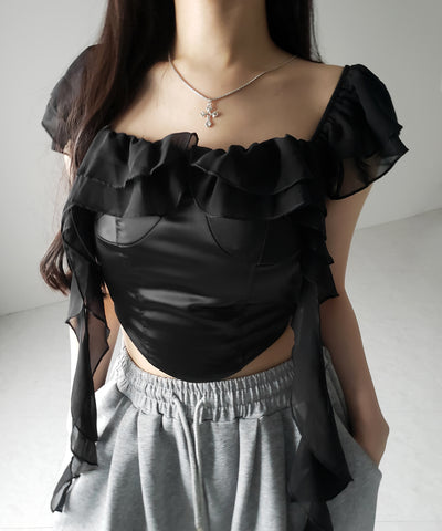 【 ２color ／ ２WAY 】シアーフリルコルセットサテンショートブラウス ／ sheer frill corset satin short blouse