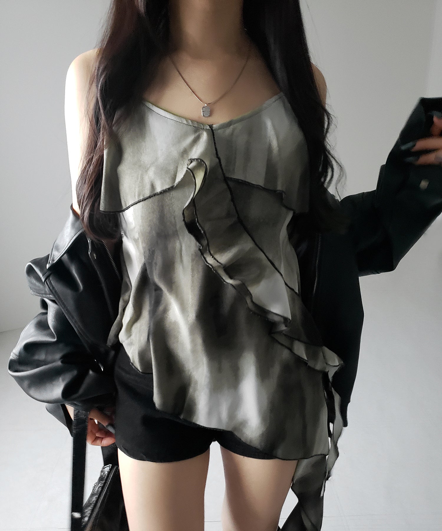 タイダイサテンアシンメトリーフリルキャミソールビスチェ ／ tiedye satin asymmetry frill camisole bustier