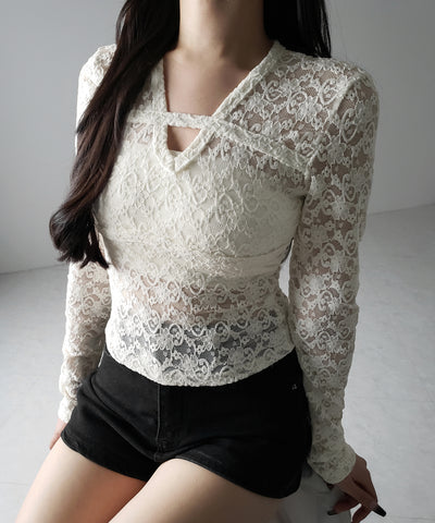 【 ２color 】Vネックスリムラインレーストップス ／ V-neck slimline lace tops