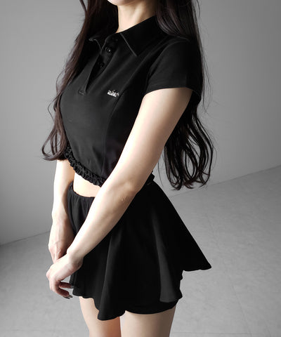 【 セットアップ 】ロゴプレート半袖トップス＋フレアミニスカパン SET ／( SETUP ) logo plate short sleeve tops + flared mini skirt pants