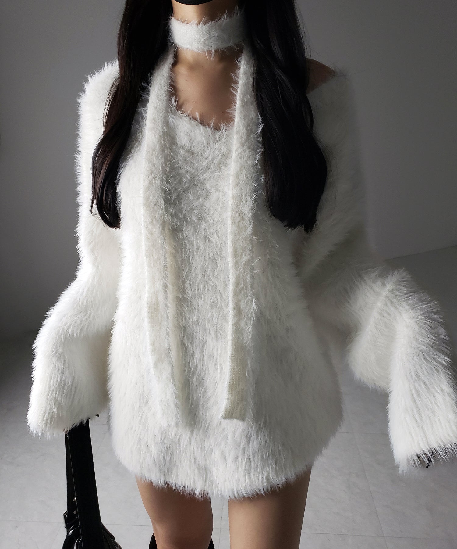 【 ２color 】チョーカータイ付きルーズシャギーニット ／ choker tie set loose shaggy knit