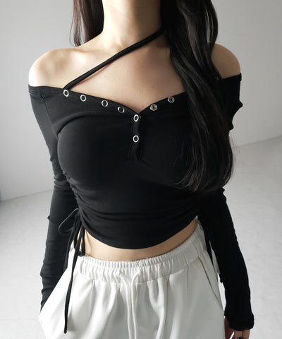 【 ２WAY ／ 裏起毛 】ナナメストラップスナップボタンシャーリングリボントップス ／ naname strap snap button shirring ribbon tops