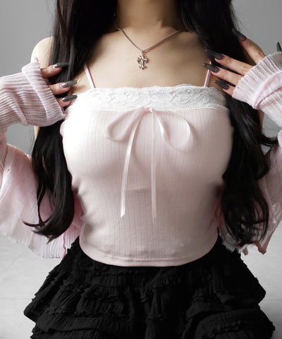フロントリボンレースショートキャミソール ／ front ribbon lace short camisole