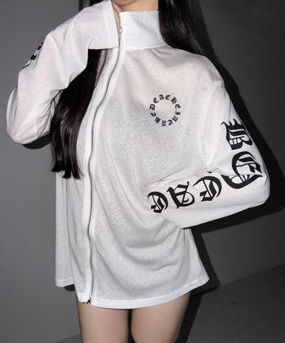 グランジロゴスタンドジップアップオーバーシアートップス ／ grunge logo stand zipup over sheer tops