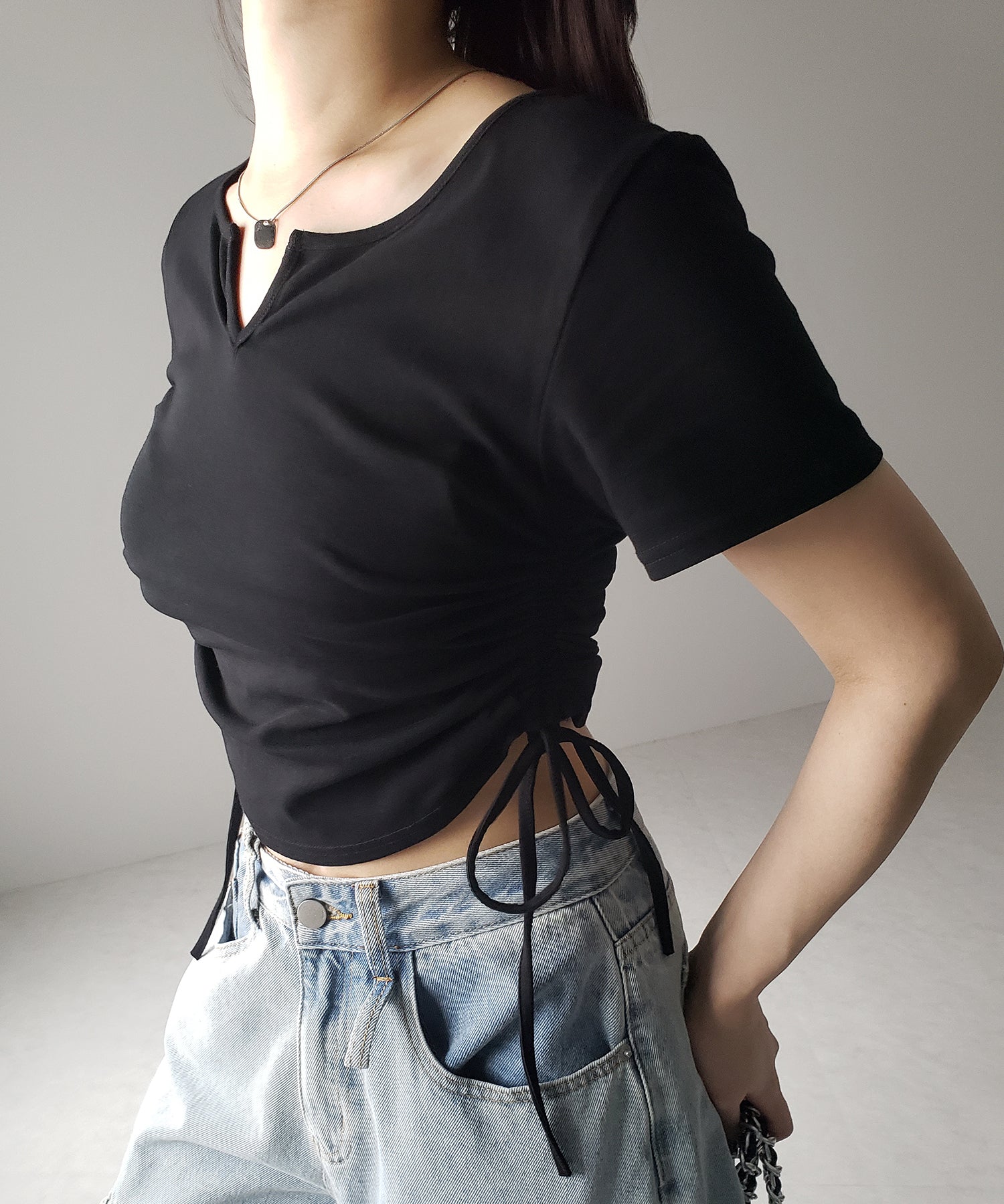 【 ２color 】サイドシャーリングリボン半袖ショートＴシャツ ／ side shirring ribbon short Tee