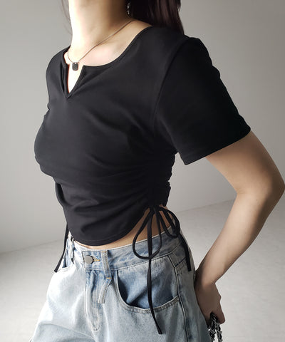 【 ２color 】サイドシャーリングリボン半袖ショートＴシャツ ／ side shirring ribbon short Tee