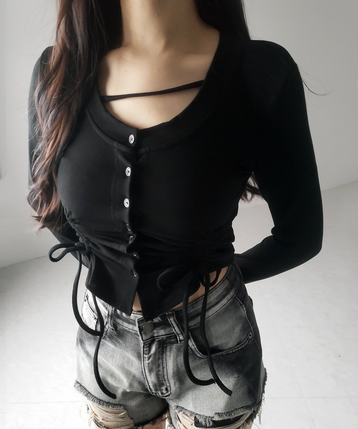 【 ２color ／ 裏起毛 】ナナメストラップダブルシャーリングリボントップス ／ naname strap double shirring ribbon tops