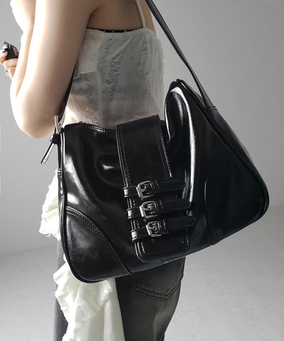【 ３color 】ベルテッドフェイクレザーショルダーバッグ ／ belted fake leather shoulder bag