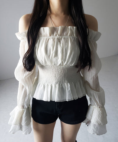 【 ２color ／ ２WAY 】ウエストシャーリングシアーフリルオフショルブラウス ／ waist shirring sheer frill off shoulder blouse