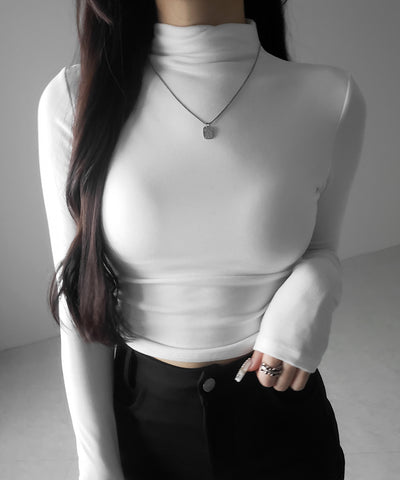 【 カップ付き ／ 裏起毛 】プチハイネックシャーリングショートカットソートップス