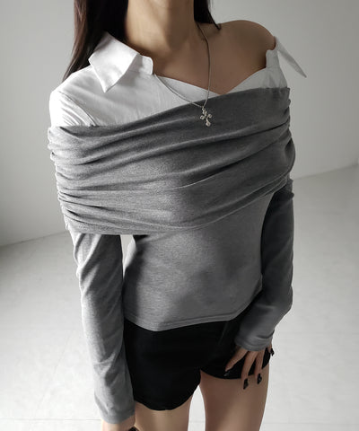 【 ２color 】シャツドッキングワイドオフショルトップス ／ shirt docking wide off shoulder tops