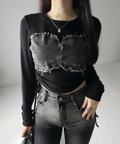 【 ２color 】サイドリボンダメージデニムドッキングＴシャツ ／ side ribbon damage denim docking Tee