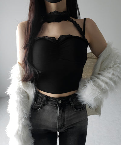 【 ２color ／ カップ付 】レースチョーカーストラップリブキャミソール ／ lace choker strap lib camisole