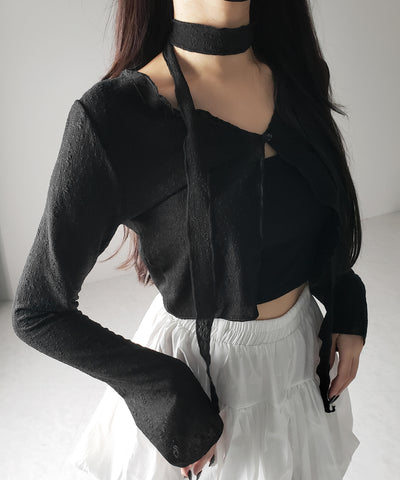 【 ２color ／ ２WAY 】チョーカーロングタイ付きショートシアーカーディガン ／ choker long tie set short sheer cardigan
