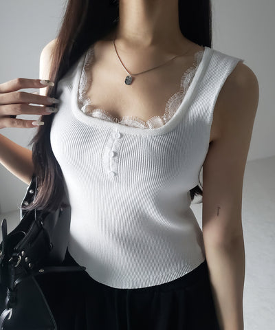 【 ２color 】スクエアネックレースニットタンクトップ ／square neck lace knit tank top