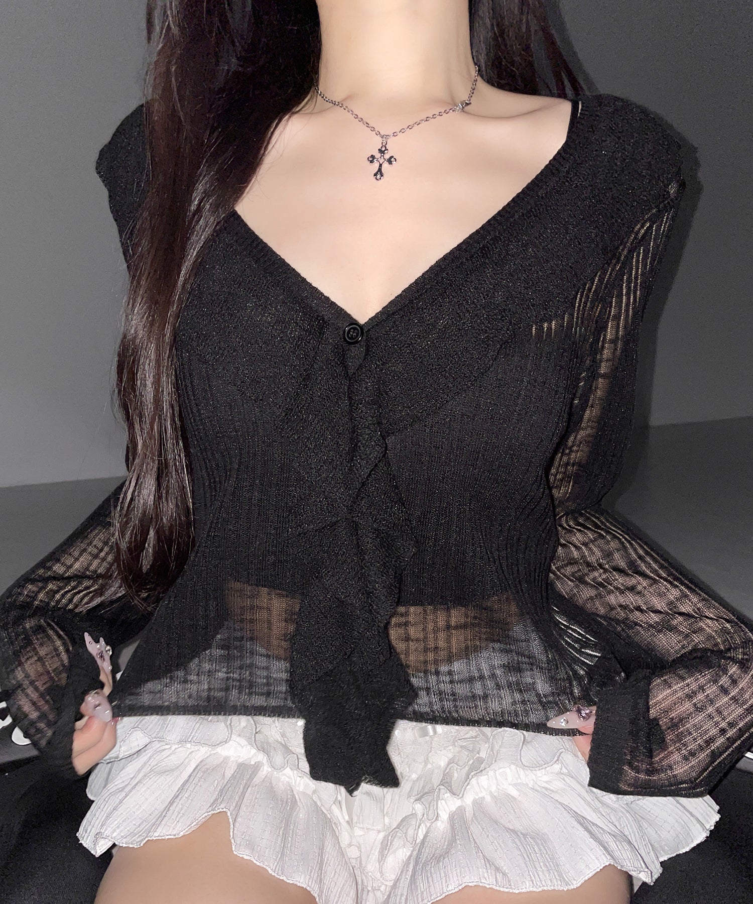 フリルシアールーズニットカーディガン ／ frill sheer loose knit cardigan