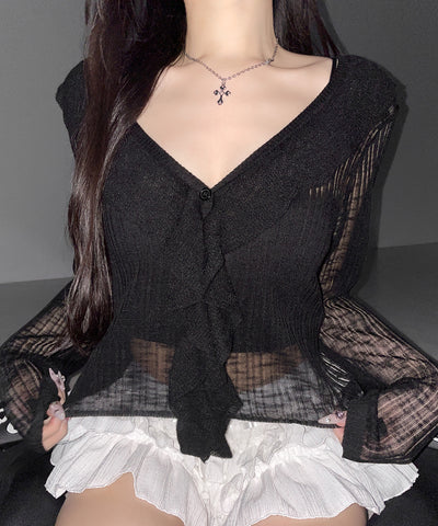 フリルシアールーズニットカーディガン ／ frill sheer loose knit cardigan