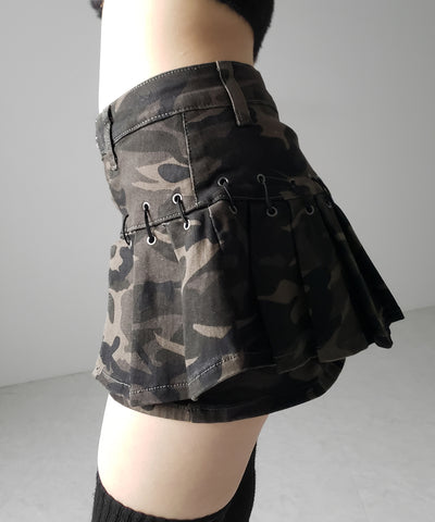 【 インパン裏地付 】カモフラベルテッドマイクロプリーツミニスカパン ／ camouflage belted micro pleats skirt pants