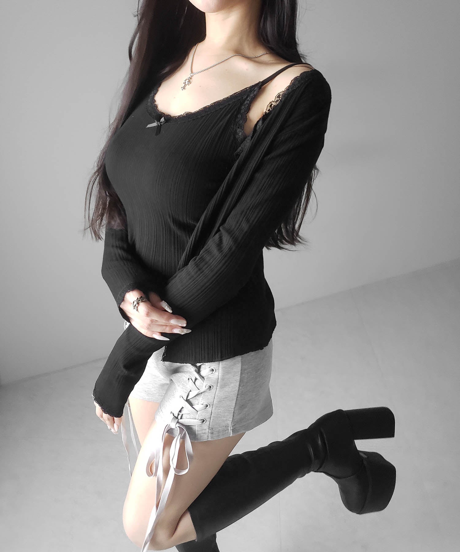 【 ２点セット 】フロントリボンレース切替リブキャミソール ＋ カーディガンセット ／front ribbon lace lib camisole + cardigan SET