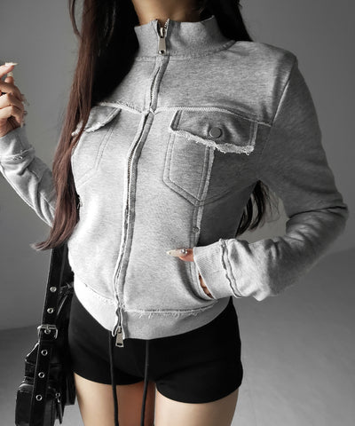ダブルジップアウトポケット裏毛スリムジャケット ／ Double-zip outer pocket sweat slim jacket