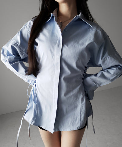 レースアップサイドリボンスリムラインシャツ ／ lace up side ribbon slim line shirt