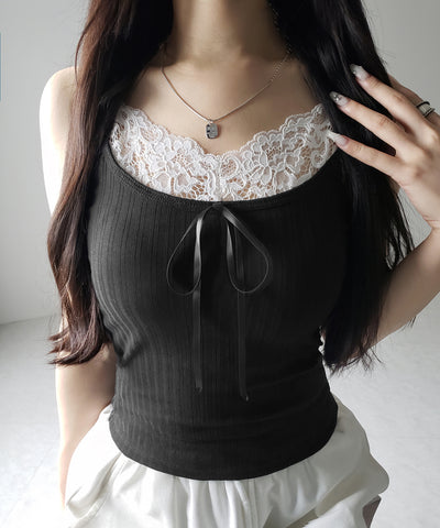 【 ３color ／ カップ付き 】フロントリボンレースドッキングキャミソール ／front ribbon lace docking camisole