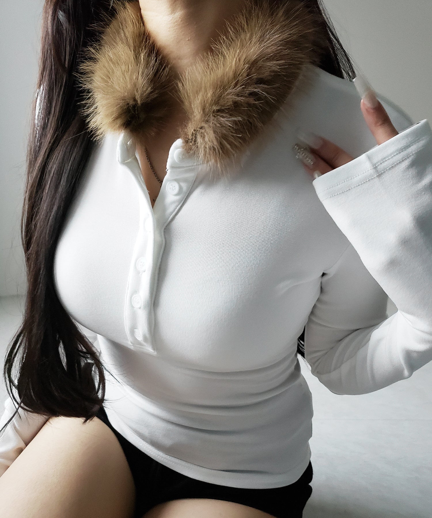 【 裏起毛 】ファーカラーヘンリーネックトップス ／ urakimo fur collar henley neck tops