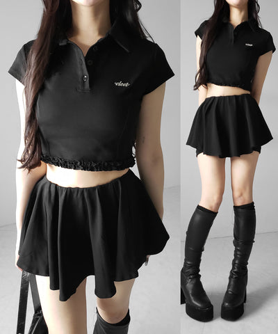 【 セットアップ 】ロゴプレート半袖トップス＋フレアミニスカパン SET ／( SETUP ) logo plate short sleeve tops + flared mini skirt pants