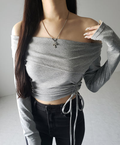 シャーリングリボンショートオフショルカットソートップス ／ shirring ribbon short off shoulder cutsew tops