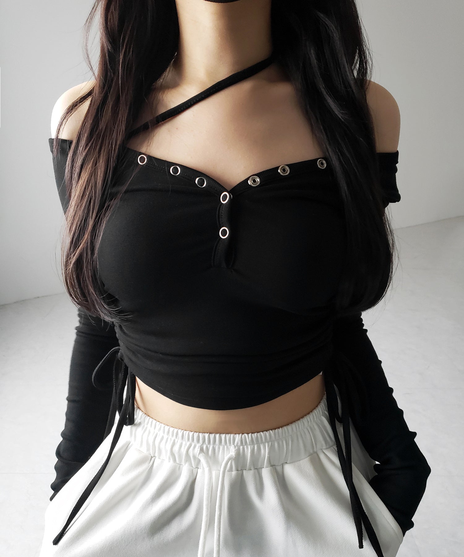 【 ２WAY ／ 裏起毛 】ナナメストラップスナップボタンシャーリングリボントップス ／ naname strap snap button shirring ribbon tops