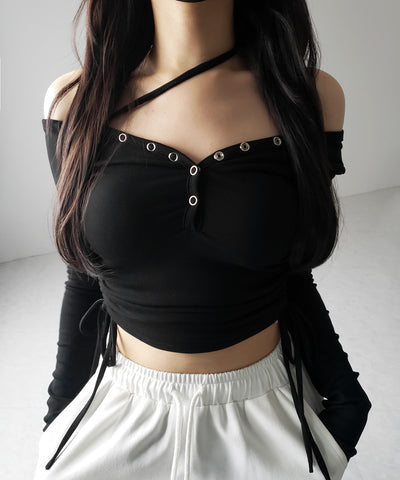 【 ２WAY ／ 裏起毛 】ナナメストラップスナップボタンシャーリングリボントップス ／ naname strap snap button shirring ribbon tops