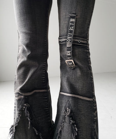 【 ２color ／ ４size 】クロスデザインヴィンテージライクフリンジストレッチフレアデニム ／ cross design vintage-like fringe stretch flare denim