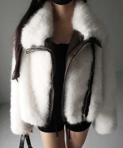 【 ２WAY 】ジップアップレザードッキングフェイクファーコート ／ zip up leather docking fake fur coat