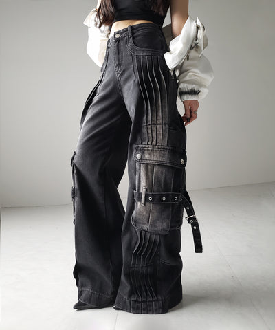【 ４size 】カーゴプリーツブラックヴィンテージワイドデニム ／cargo pleated black vintage wide denim