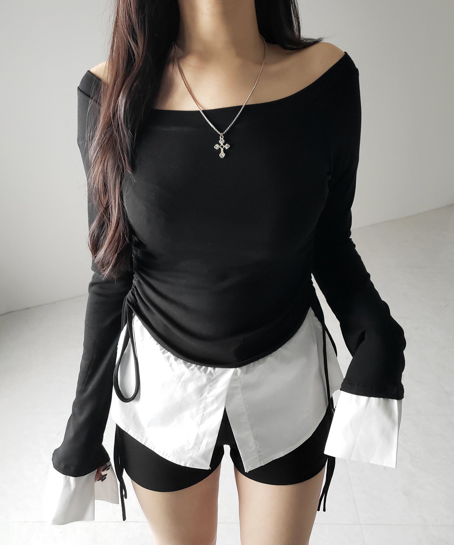 【 ２color ／ ２WAY 】シャツドッキングサイドリボンワンショルトップス ／shirt docking side ribbon oneshoulder tops