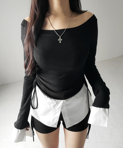 【 ２color ／ ２WAY 】シャツドッキングサイドリボンワンショルトップス ／shirt docking side ribbon oneshoulder tops