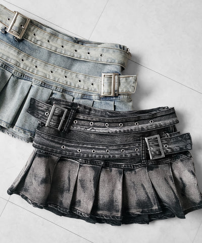 【 インパン裏地付 】ダブルベルトヴィンテージデニムプリーツミニスカート ／ double belt vintage denim pleats mini skirt