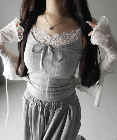 【 ３color ／ カップ付き 】フロントリボンレースドッキングキャミソール ／front ribbon lace docking camisole
