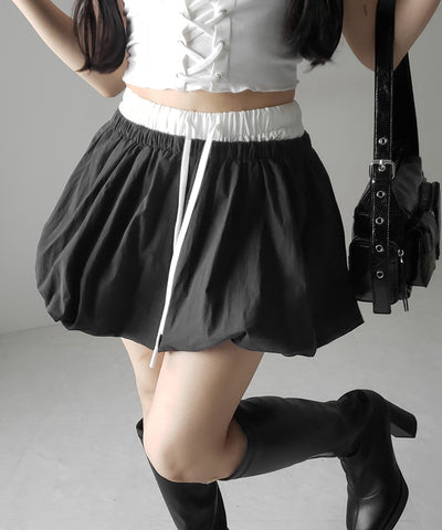 【 ２color ／インパン裏地付き 】フェイクレイヤードコットンバルーンミニスカート ／ fake layered cotton balloon mini skirt