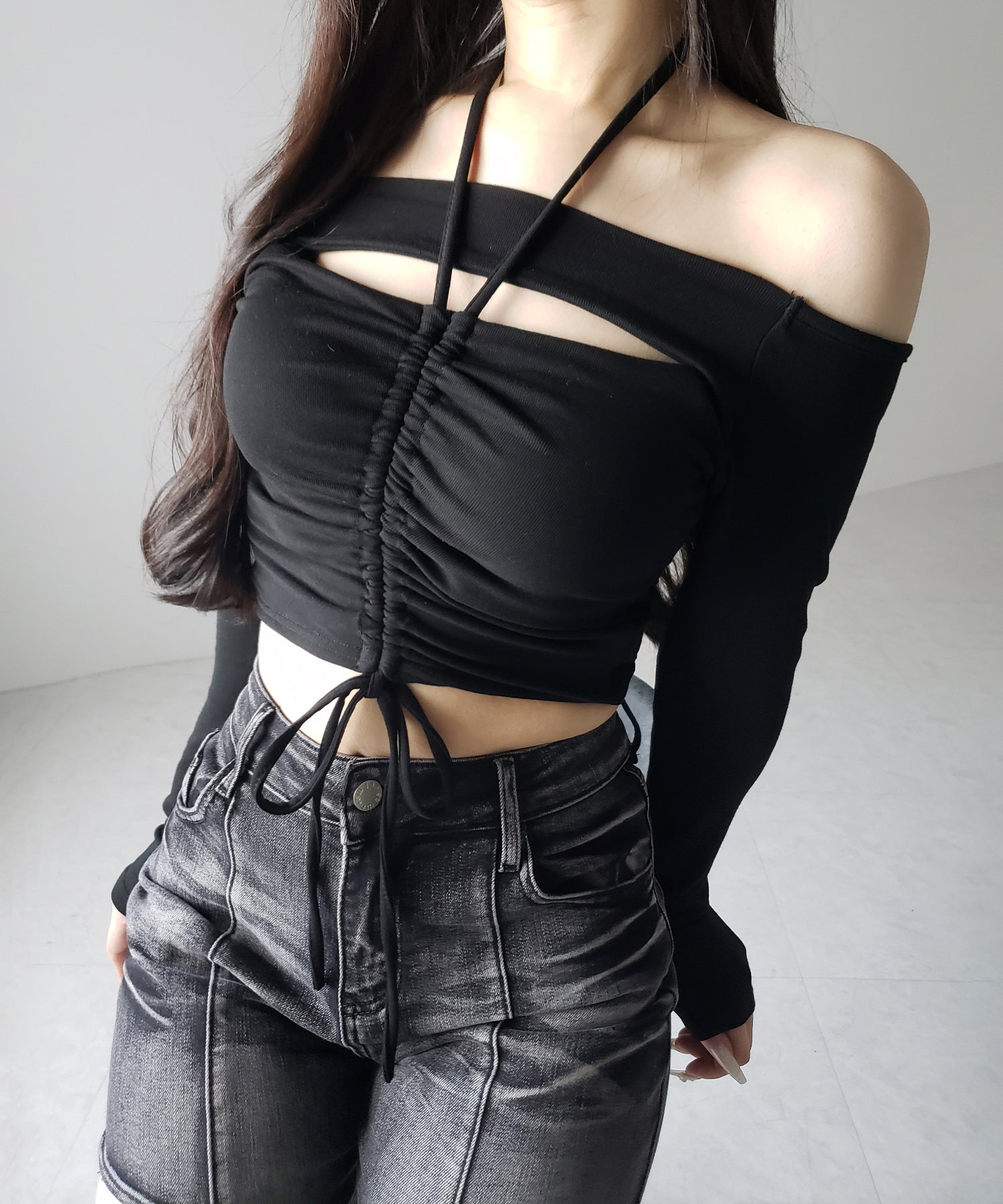 裏起毛カットアウトシャーリングぴちカットソートップス ／ urakimo cutout shirring pichi cutsew tops