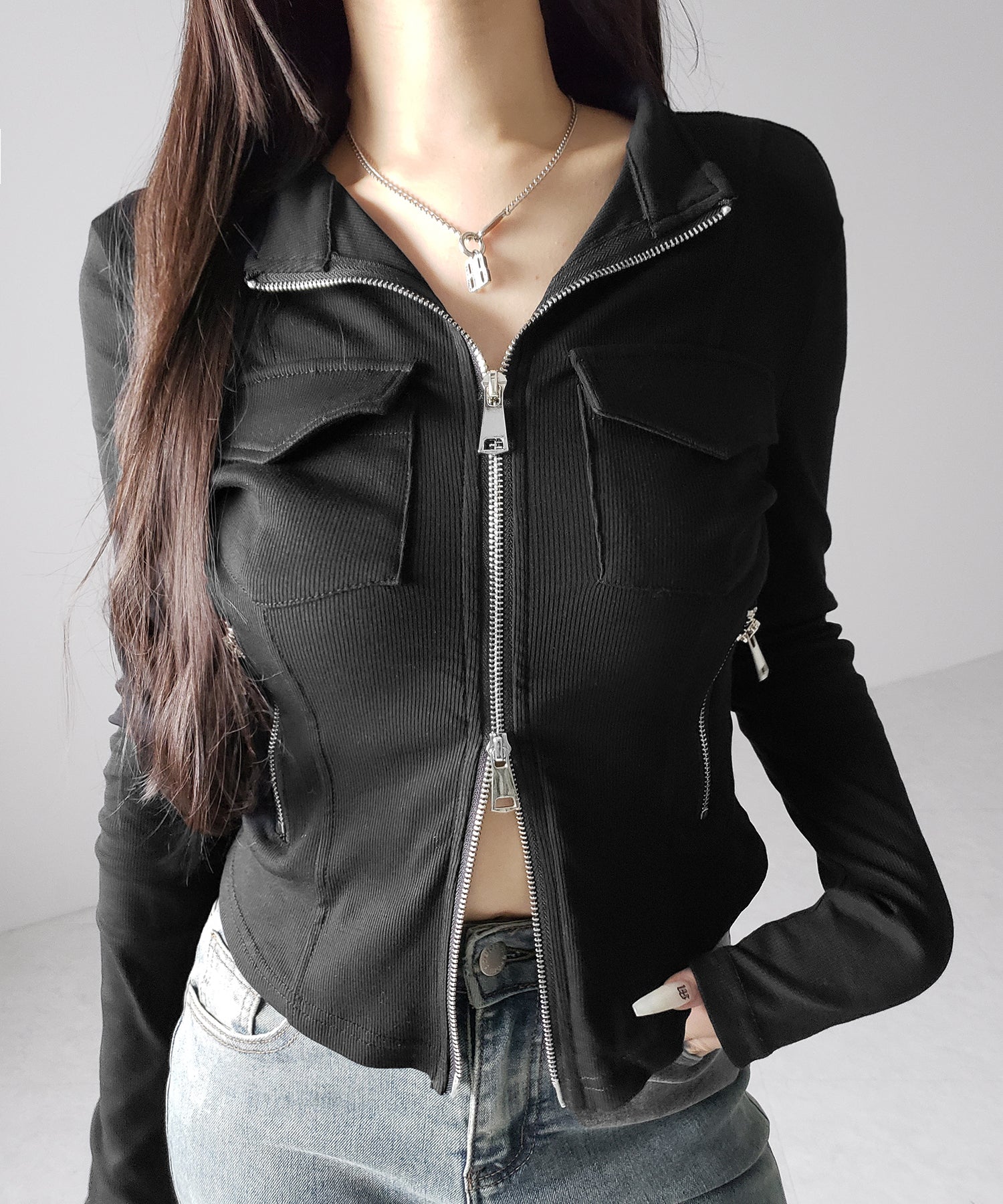 アウトポケットダブルジップスリムリブトップス ／ out pocket double zip slim ribbed tops