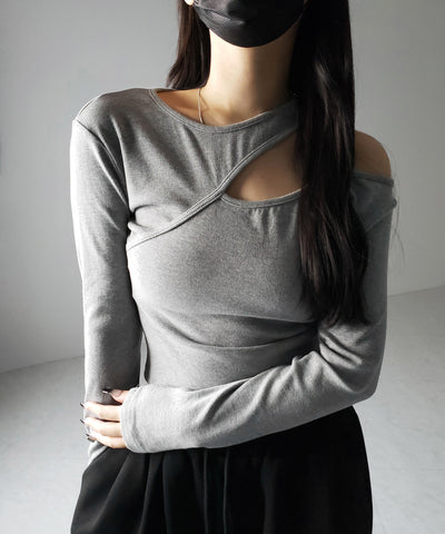 【 ３color 】ショルダーカットアウトストラップリブトップス ／ shoulder cutout strap lib tops