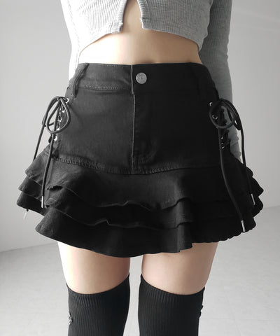 【 インパン裏地付 】レースアップブラックフリルミニスカート ／ laceup black frill mini skirt