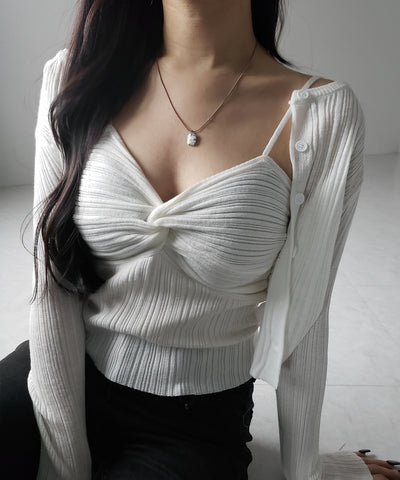 【 2点セット 】ツイストリブニットキャミソール ＋シアーリブショートカーディガン SET ／ twisted rib knit camisole + sheer rib short cardigan SET