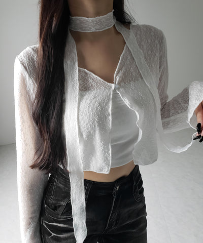 【 ２color ／ ２WAY 】チョーカーロングタイ付きショートシアーカーディガン ／ choker long tie set short sheer cardigan