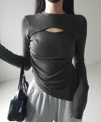 【 ３color 】カットアウトサイドシャーリングアシンメトリートップス ／ cut-out side shirring asymmetry tops
