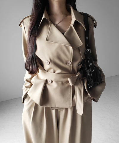 【 上下セットアップ 】ウエストマークショートトレンチコート ＋ タックワイドスラックスパンツ SETUP ／ Waist-mark short trench coat + tuck wide slacks pants
