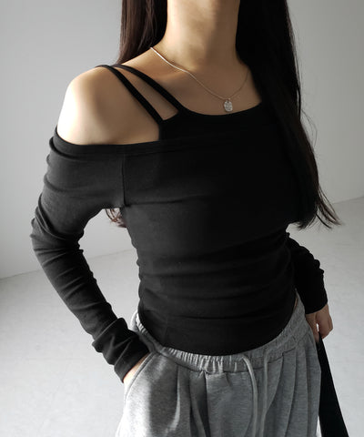 【 ２color 】レイヤードダブルストラップオフショルトップス ／ layerd double strap off shoulder tops