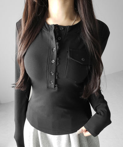 【 裏起毛 】レースドッキングヘンリーネックトップス ／ lace docking henley neck tops