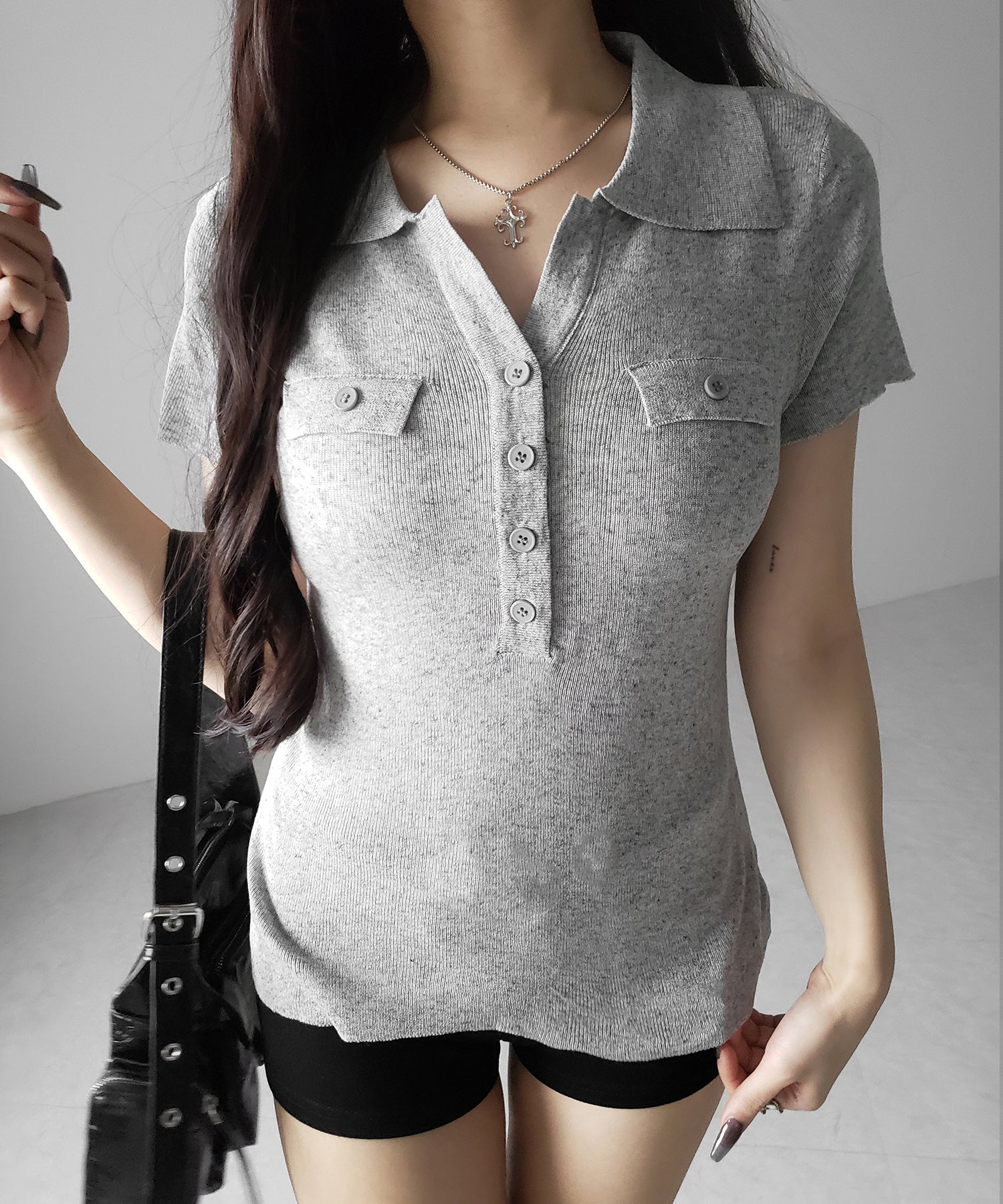 スキッパーボタンロングシアーニットトップス ／ skipper button long sheer knit tops